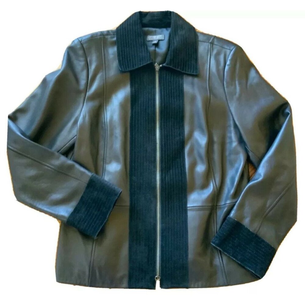 Classiques Entier Black Leather Jacket With Zip Front & Suede Panels Size 16